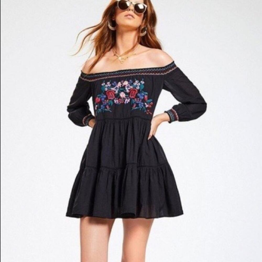 Free people black embroidered mini dress off shoulder breezy boxy boho